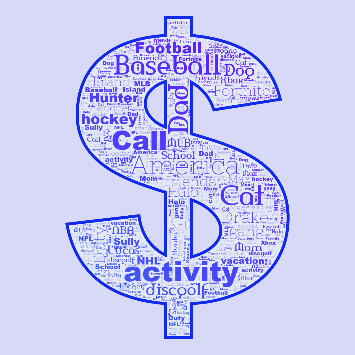 Word cloud in a Dollar shape with 30 words like activity, America and Baseball in blue and purple.