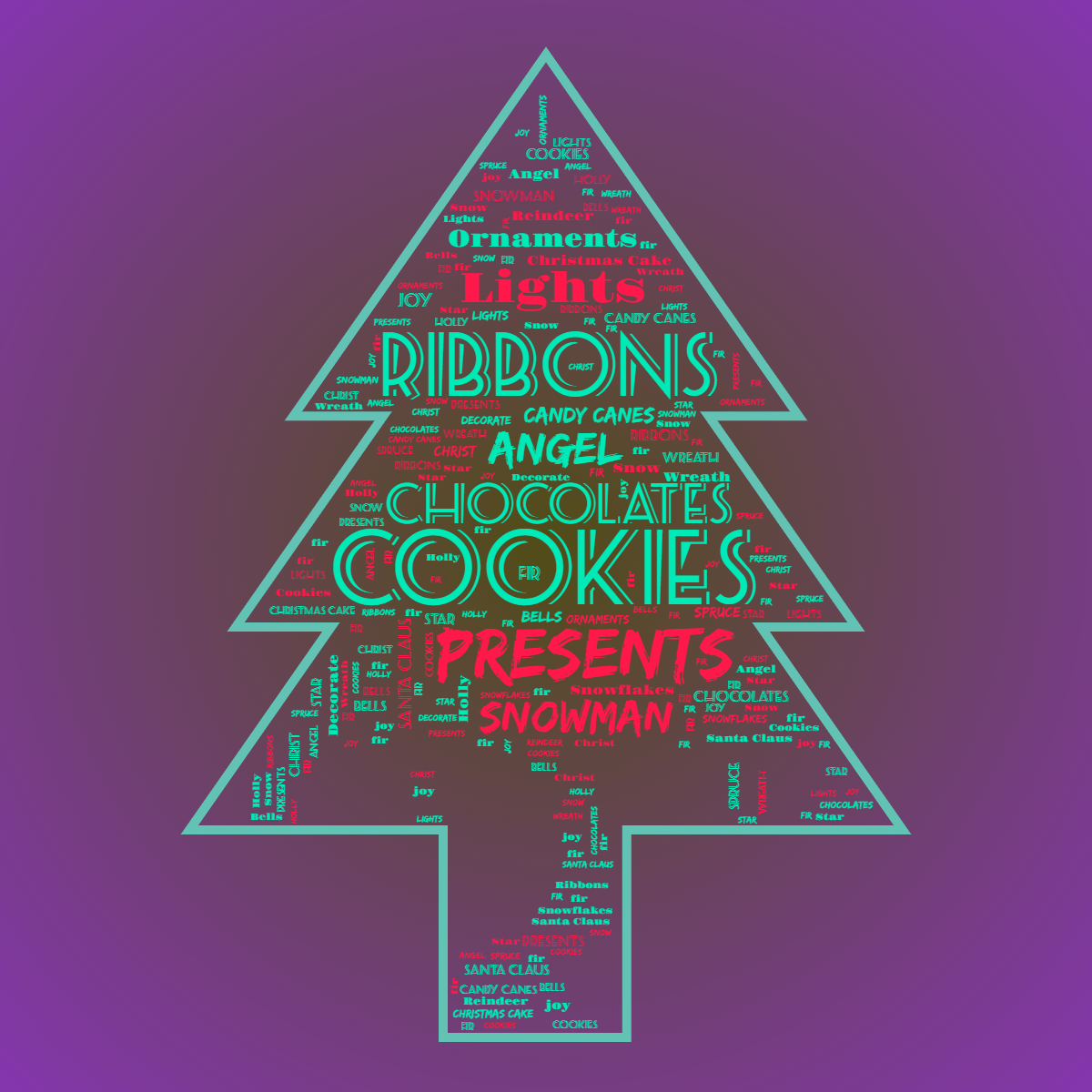Word cloud in a Christmas Tree shape with 23 words like Christ, joy and Snowman in multicolor.