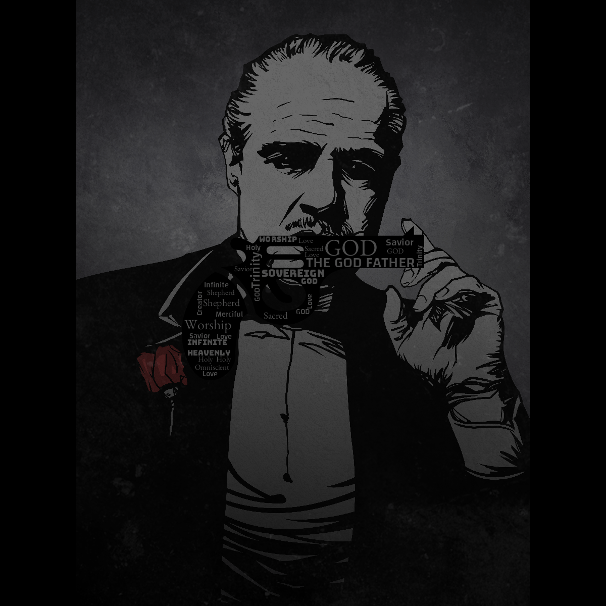 Word cloud in a Gun shape with 21 words like GOD, THE GOD FATHER and Worship in gray and black.