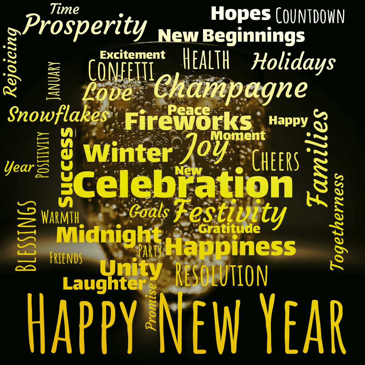 Word cloud with 41 words like Celebration, Festivity and Joy in yellow and white.