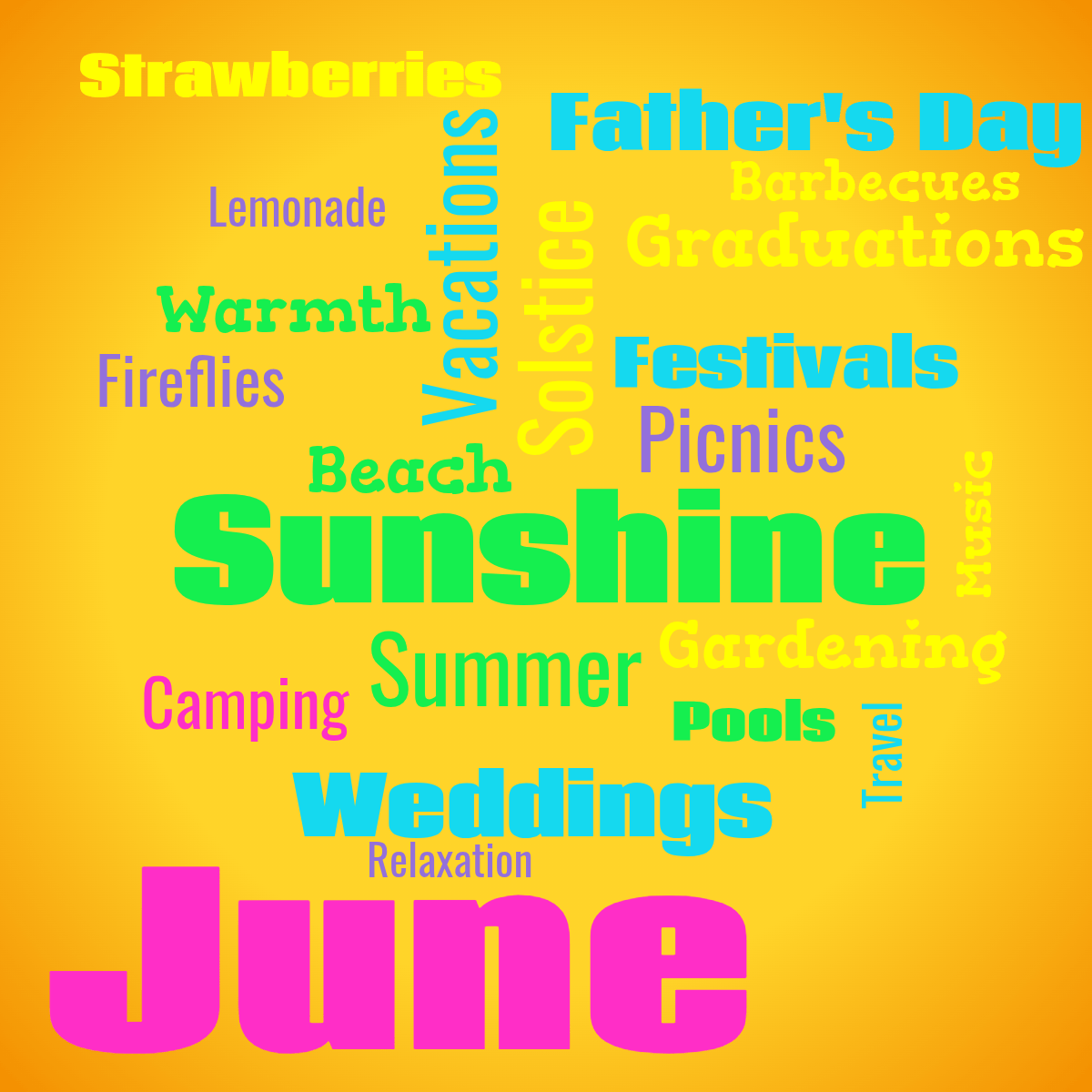 Word cloud with 21 words like Sunshine, Summer and Solstice in multicolor.