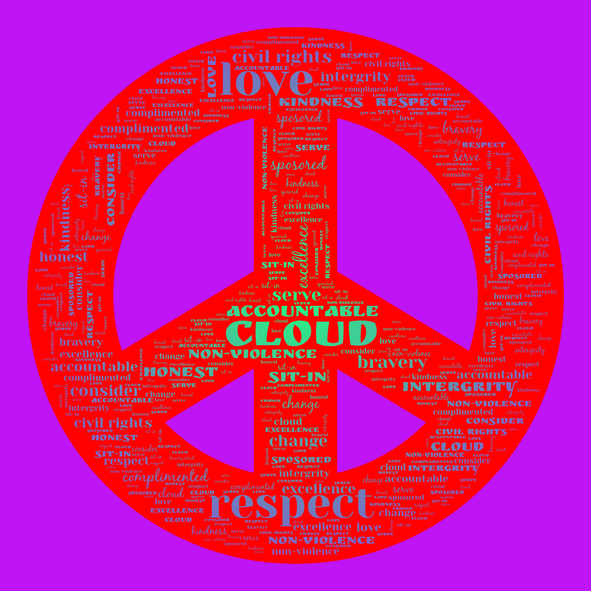 Word cloud in a Peace shape with 17 words like cloud, love and respect in bright green, purple and red.
