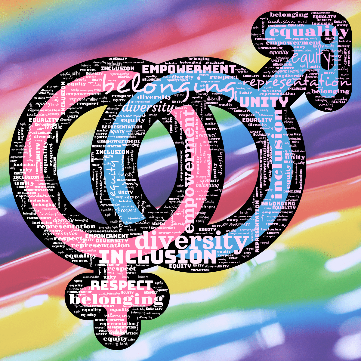 Word cloud in a custom shape with 9 words like diversity, inclusion and equity in white and purple.