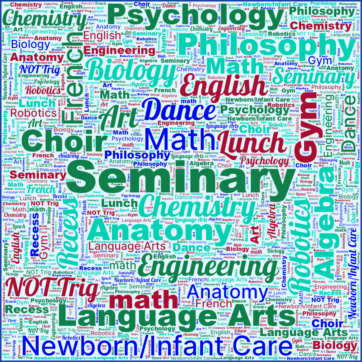 Word cloud in a Square shape with 22 words like Seminary, Chemistry and Math in green, blue and red.