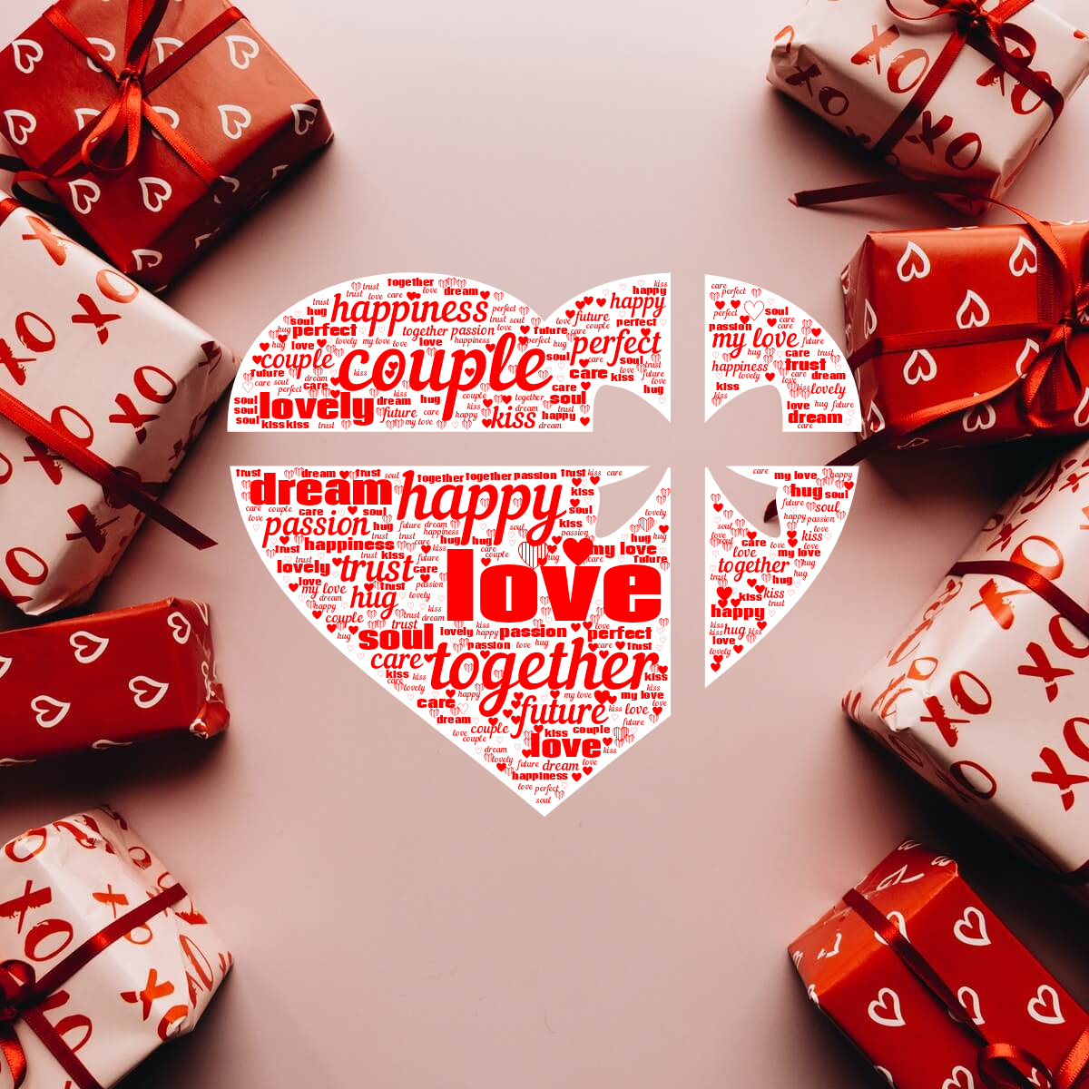 Word cloud in a Love Gift Heart shape with 19 words like love, couple and together in red and white.