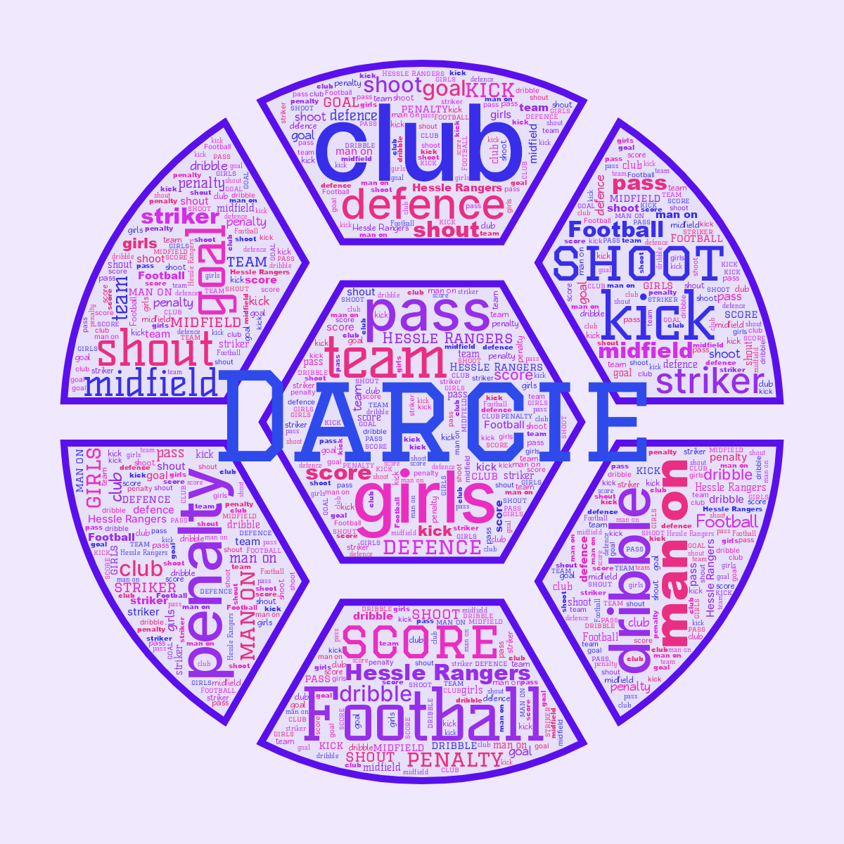 Word cloud in a Football shape with 17 words like club, Football and girls in blue, purple and pink.