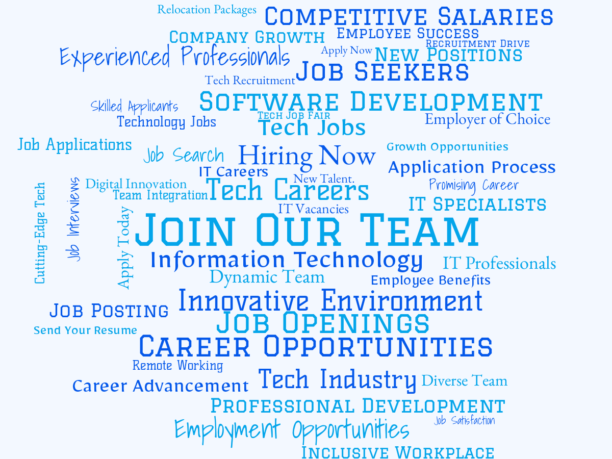 Word cloud with 50 words like Join Our Team, Tech Careers and Information Technology in blue.