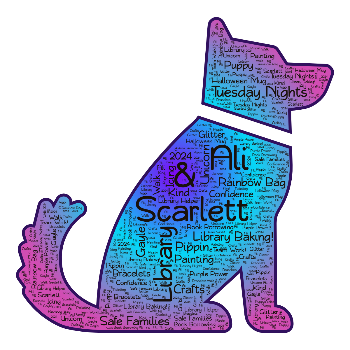 Word cloud in a Dog shape with 25 words like Scarlett, Library and Tuesday Nights in orange, purple and blue.
