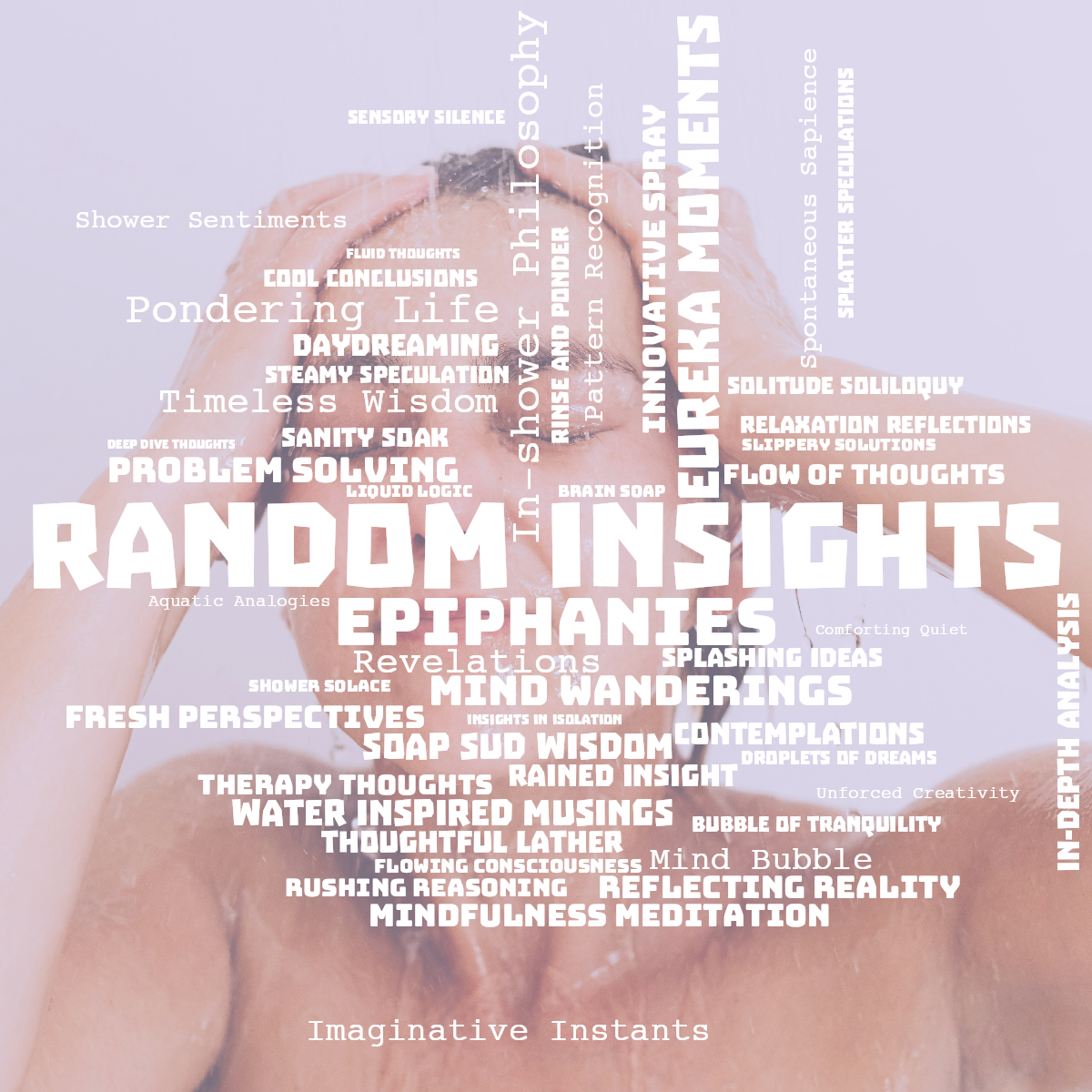 Word cloud with 50 words like Random Insights, Eureka Moments and Epiphanies in white.