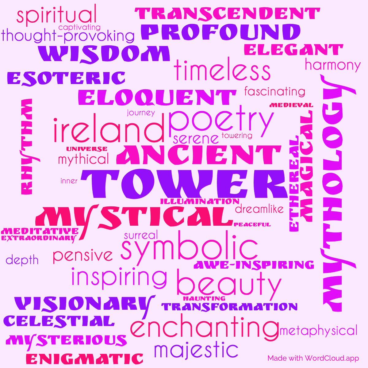 Word cloud of the book The Tower with 49 words like tower, ancient and mystical.