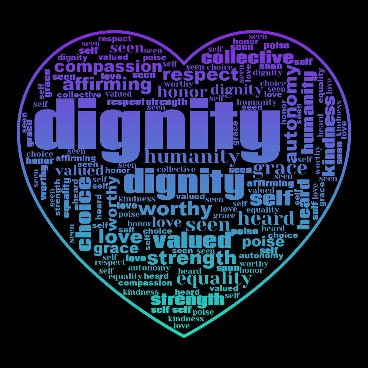 Word cloud in a Heart shape with 20 words like dignity, worthy and humanity in green, purple and black.