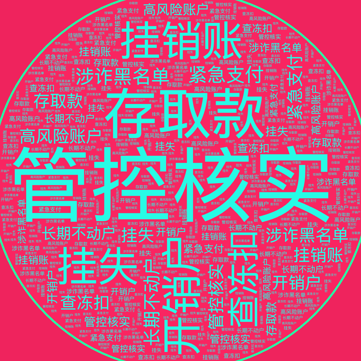 Word cloud in a Circle shape with 10 words like 管控核实, 存取款 and 开销户 in bright blue, red and green.