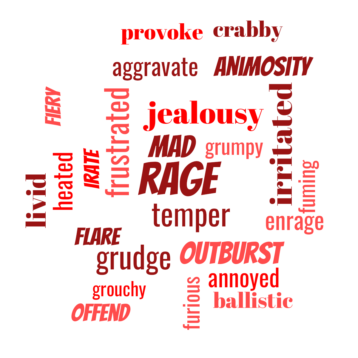Word cloud with 25 words like rage, jealousy and mad in red.