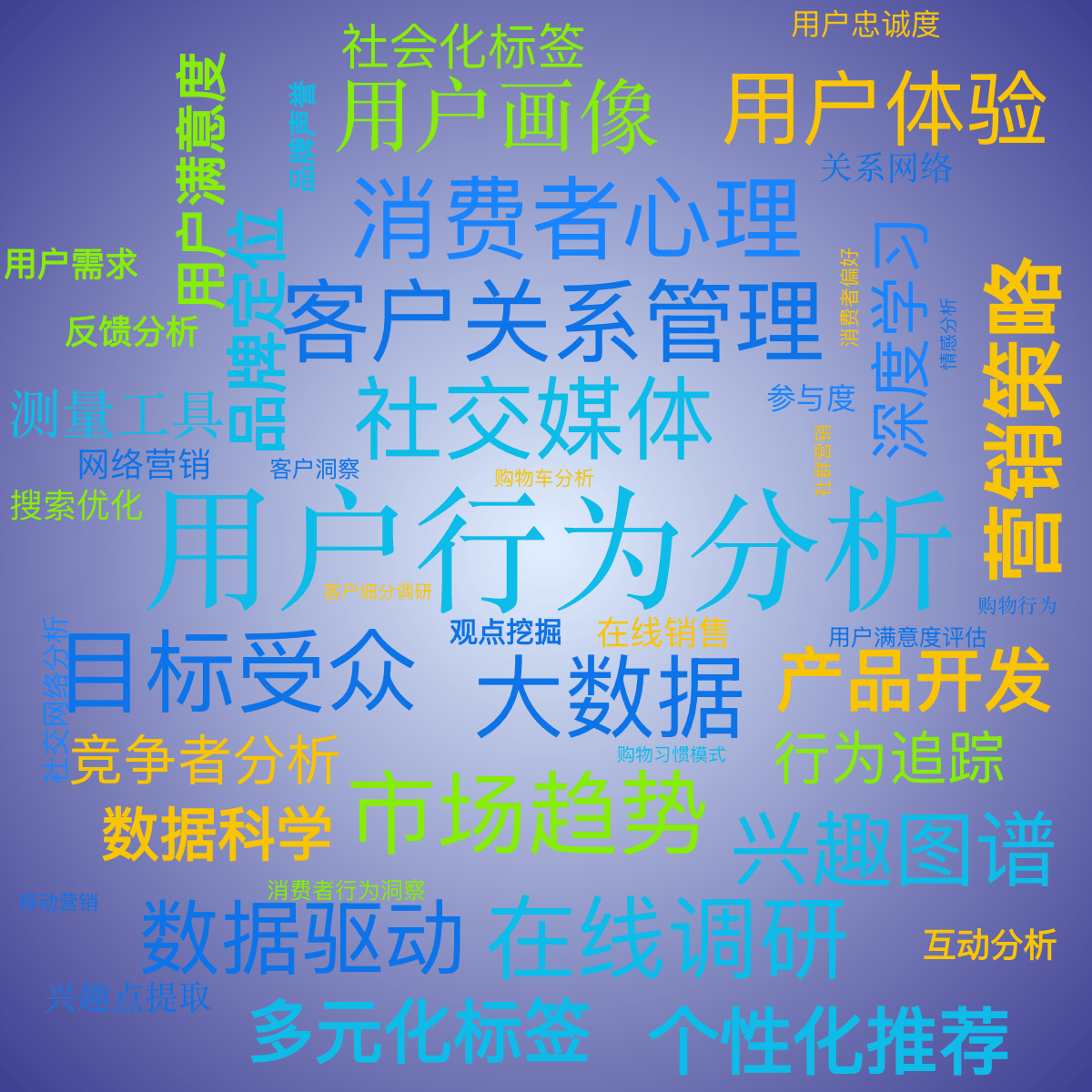 Word cloud with 48 words like 用户行为分析, 社交媒体 and 大数据 in blue, yellow and green.