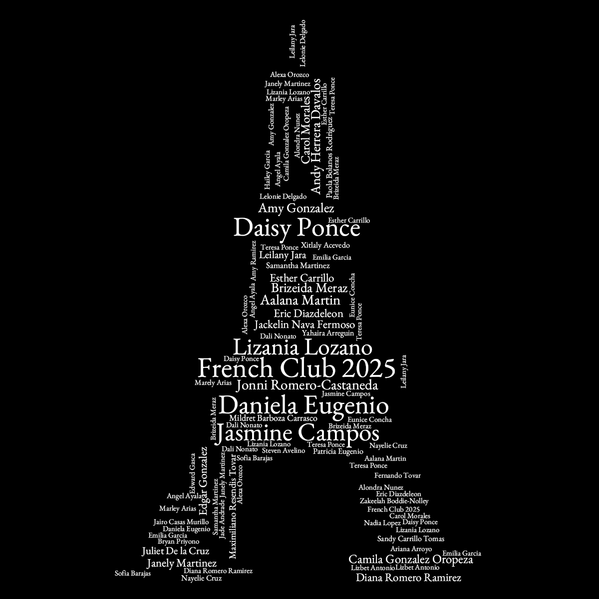 Word cloud in an Eiffel Tower shape with 60 words like French Club 2025, Daniela Eugenio and Daisy Ponce in white and black.