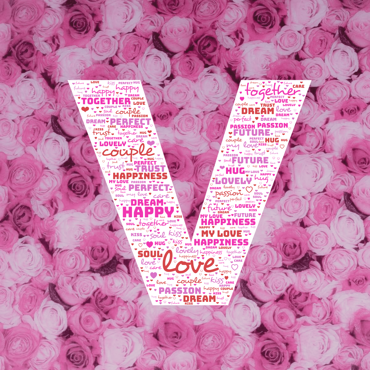Word cloud in the shape of the letter V with 19 words like love, couple and together in multicolor.