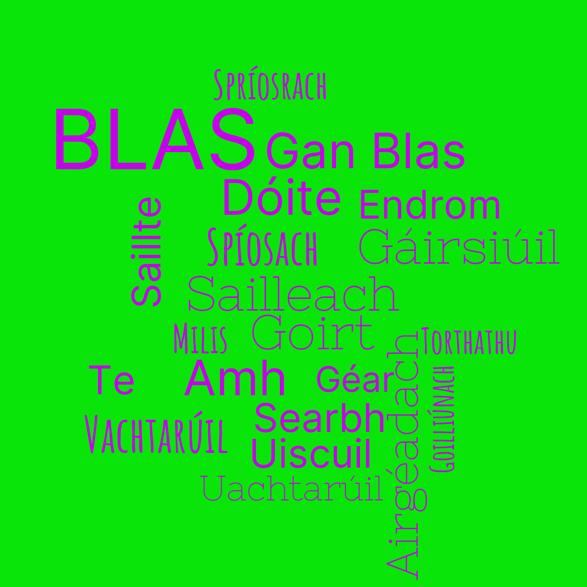 Word cloud with 20 words like Milis, Spíosach and Goirt in bright purple and green.