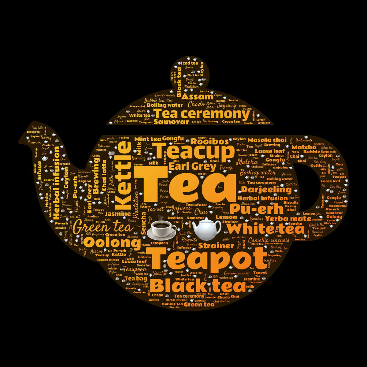 Word cloud in a Teapot shape with 44 words like Tea, ☕️ and 🫖 in multicolor.