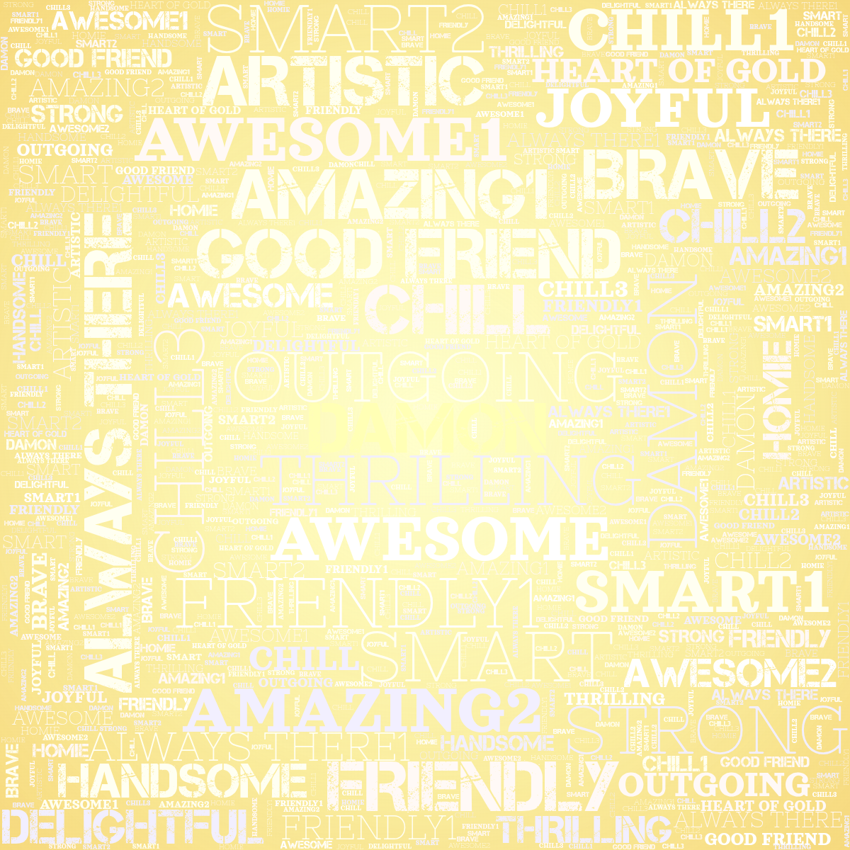 Word cloud in a Square shape with 28 words like THRILLING, GOOD FRIEND and HOMIE in multicolor.