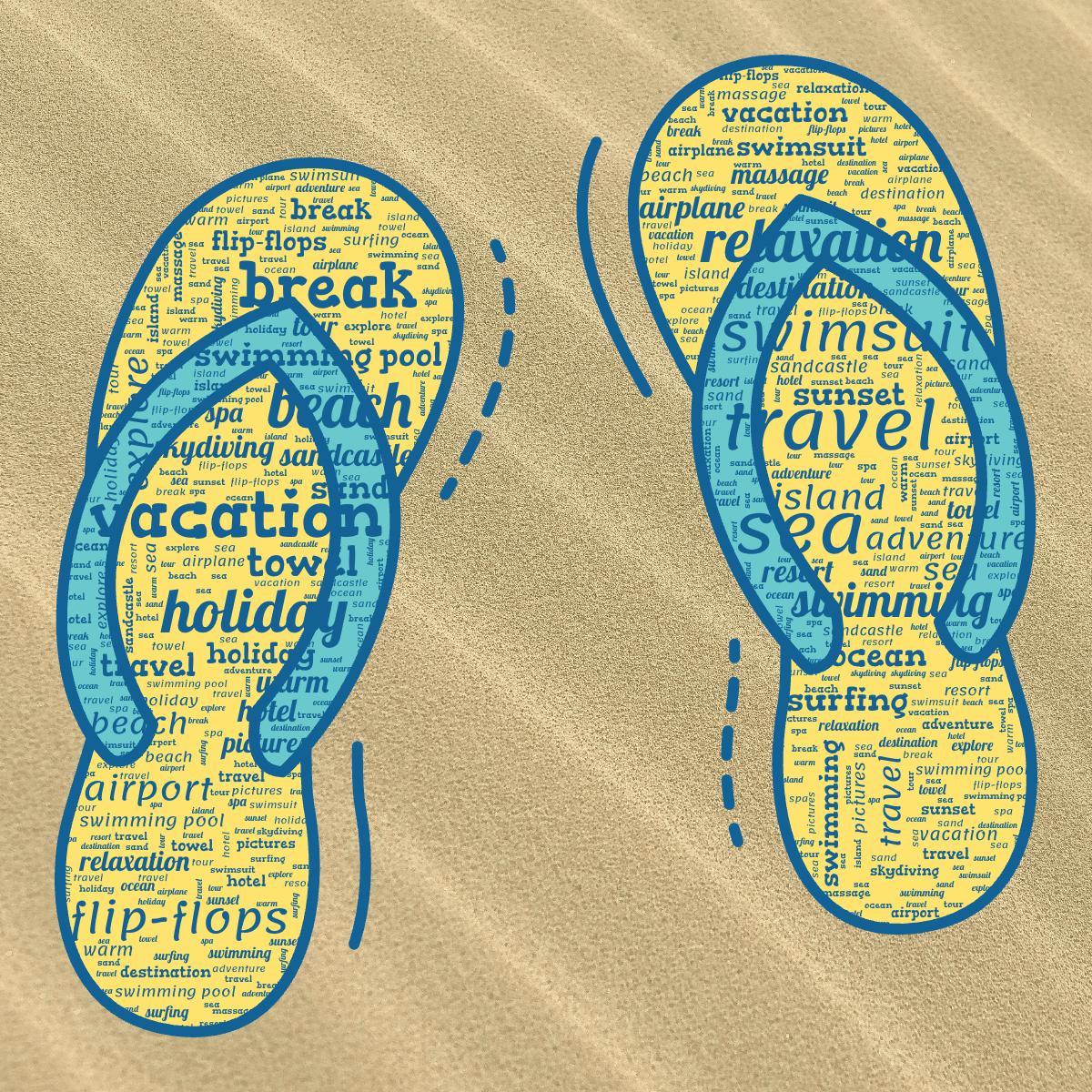 Word cloud in a custom shape with 32 words like vacation, travel and beach in blue.