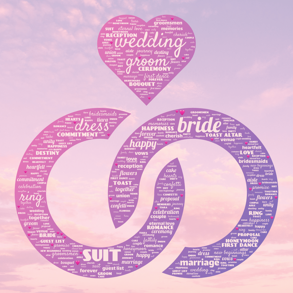 Word cloud in a Love Ring shape with 47 words like wedding, bride and groom in red, pink and blue.
