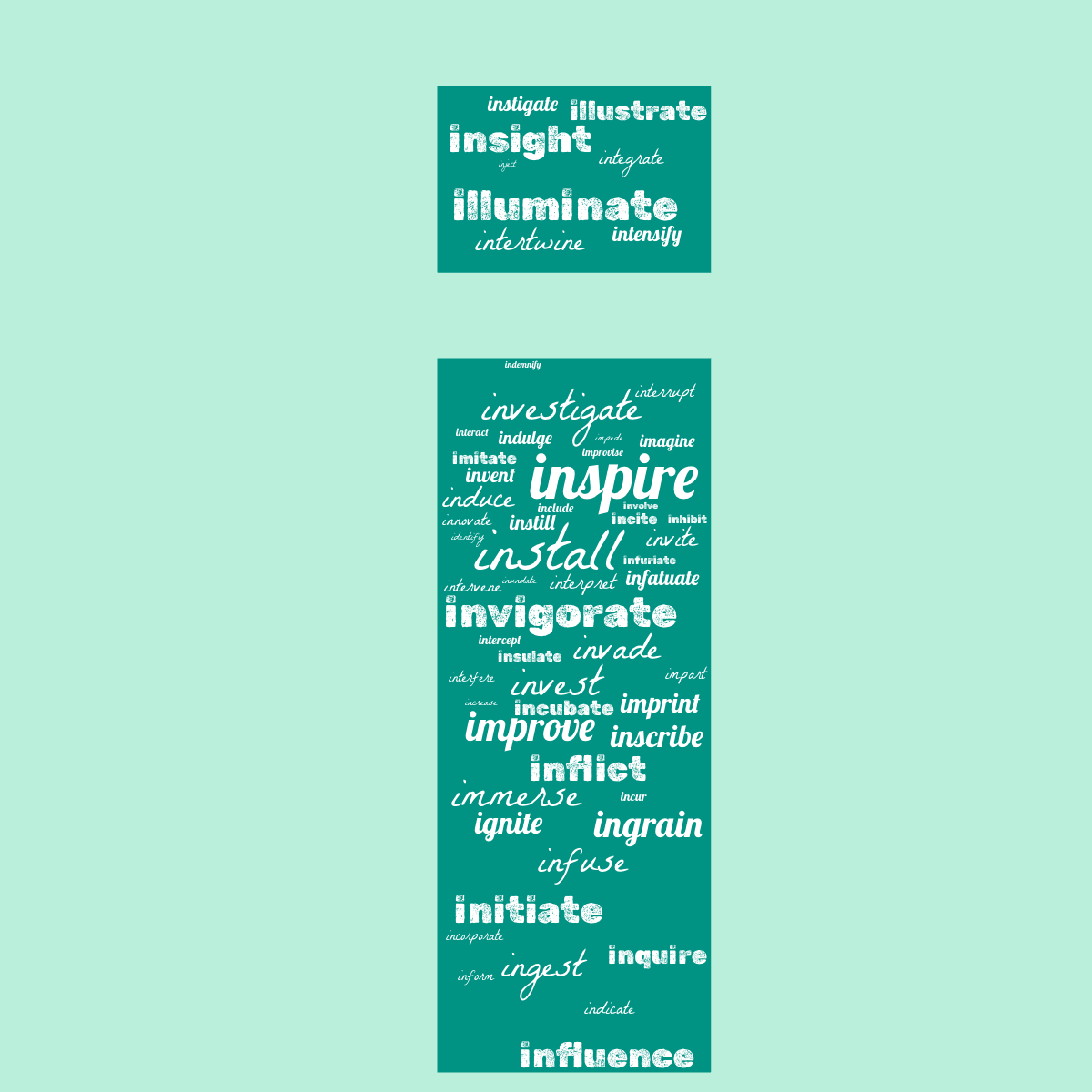 Word cloud in the shape of the letter i with 59 words like inspire, imitate and improvise in white, green and blue.