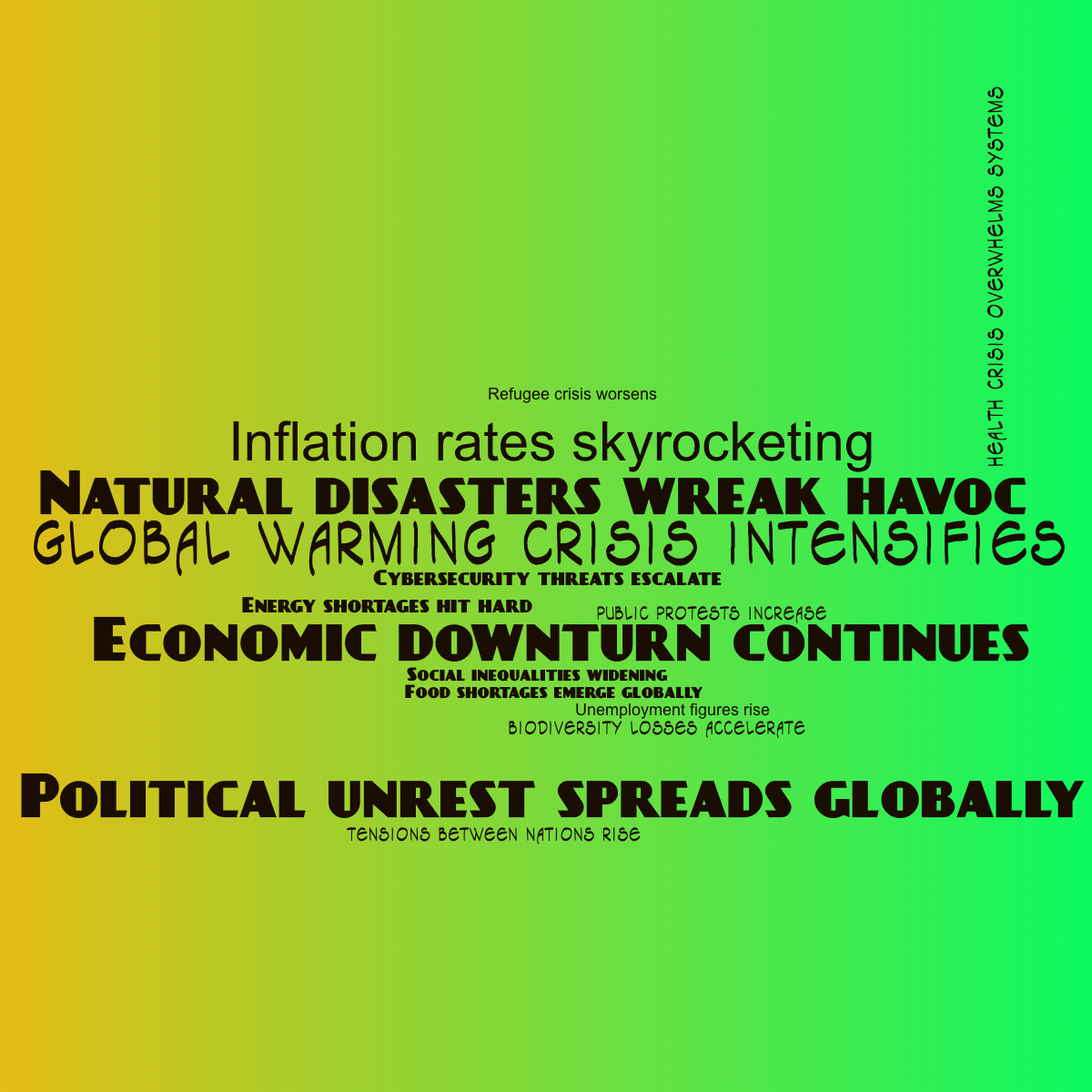Word cloud with 15 words like Global warming crisis intensif, Political unrest spreads globa and Economic downturn continues in black, green and yellow.