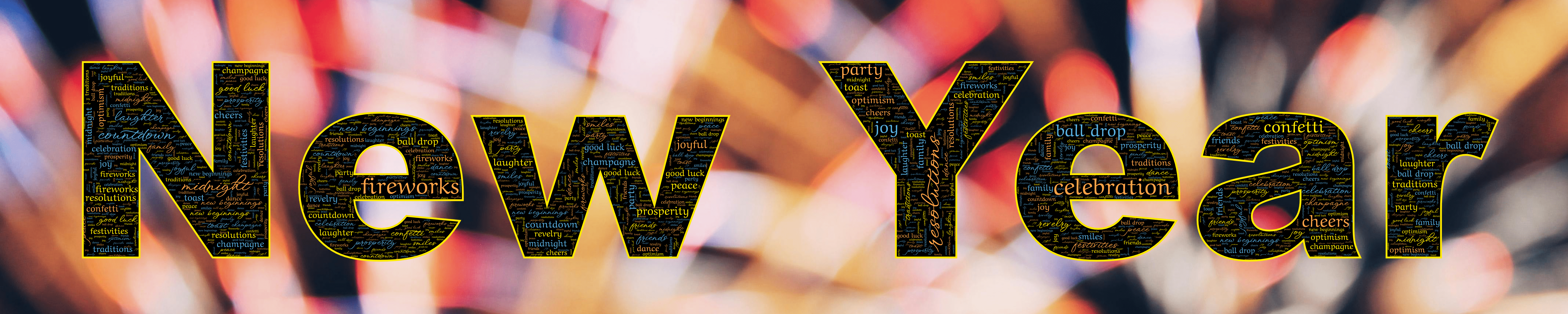 Word cloud in the shape of the text New Year with 26 words like celebration, fireworks and resolutions in multicolor.